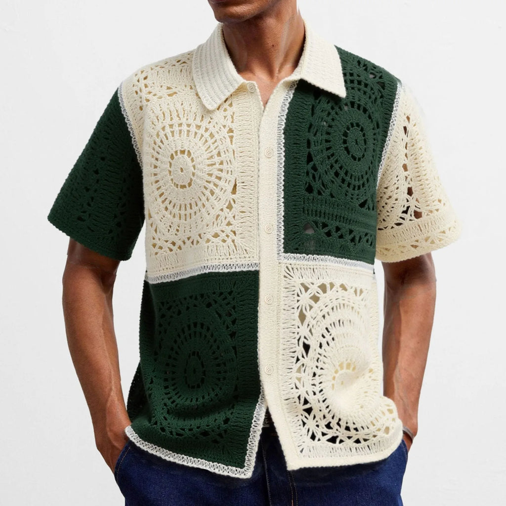 Men's beige colourblock knitted short sleeve shirt with flocking texture detail.