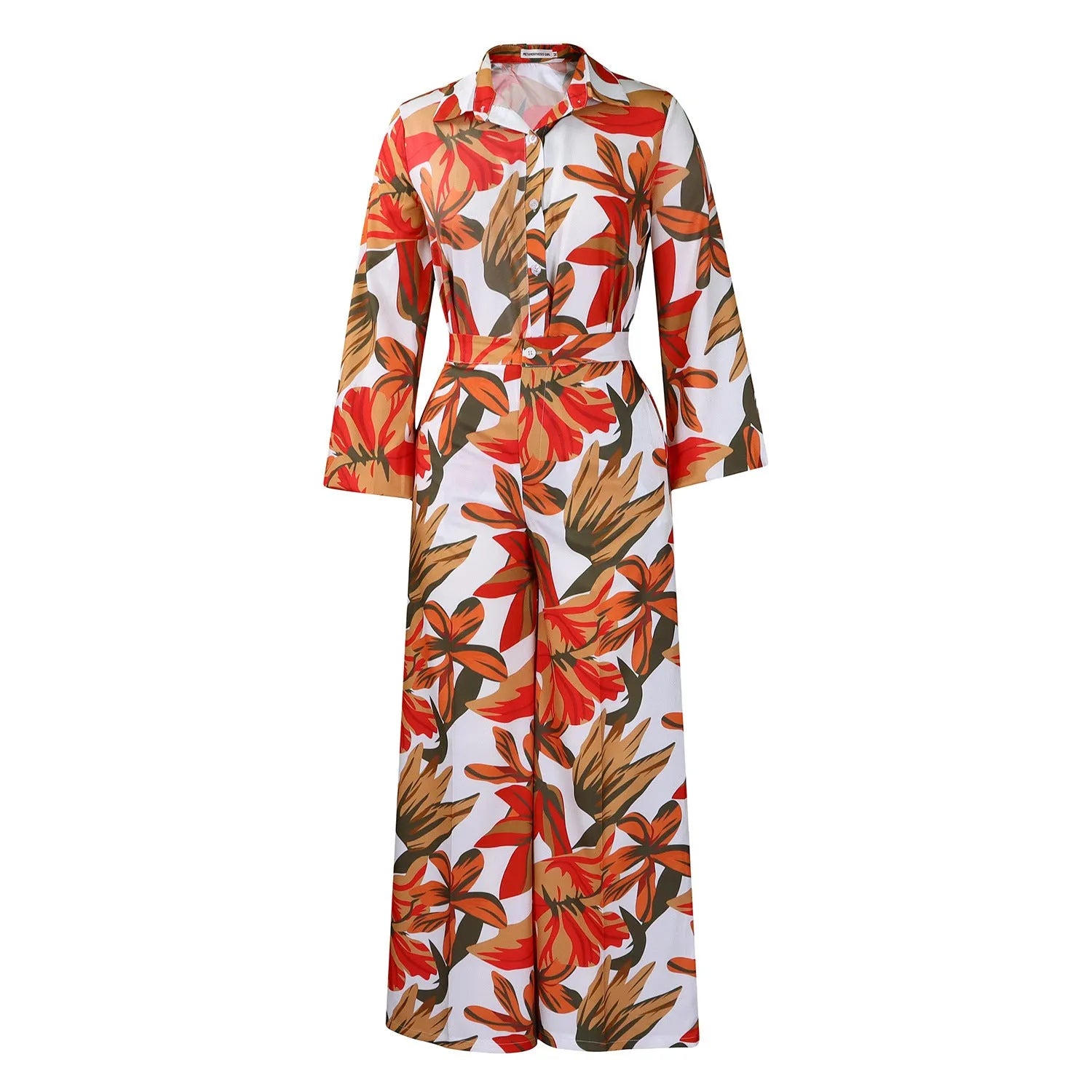 Red printed polyester two-piece suit with long sleeve shirt and wide leg trousers