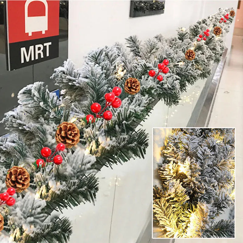 Christmas rattan garland with flocking snow effect in American rustic style, available in three length options