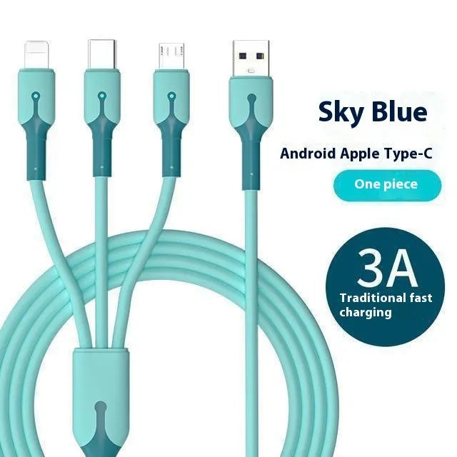 5A Super Three-in-one silicone charging cable with Lightning, Micro USB, and TYPE-C connectors in blue