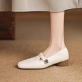Retro square head genuine leather shallow mouth women shoes with buckle closure, mid heel, beige colour, sizes 35-40