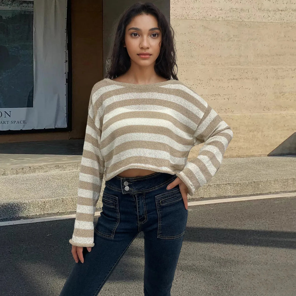 Striped long-sleeved pullover sweater with exposed navel styling in mercerised cotton