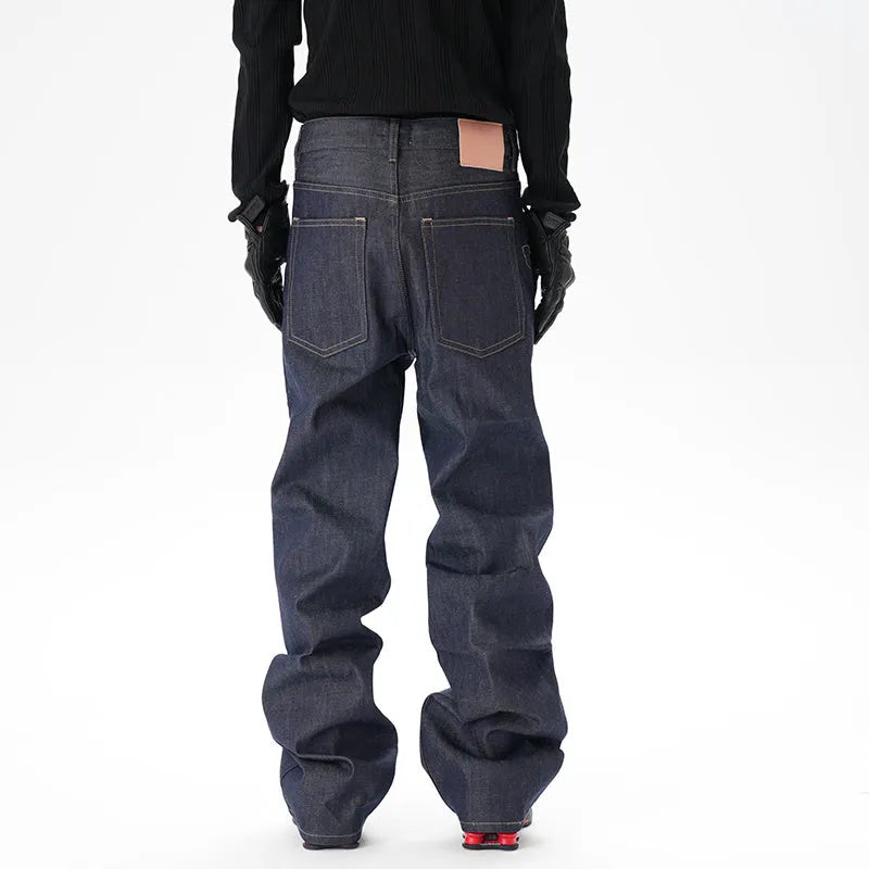 Men's dark blue loose straight leg jeans with original cattle wash on denim fabric