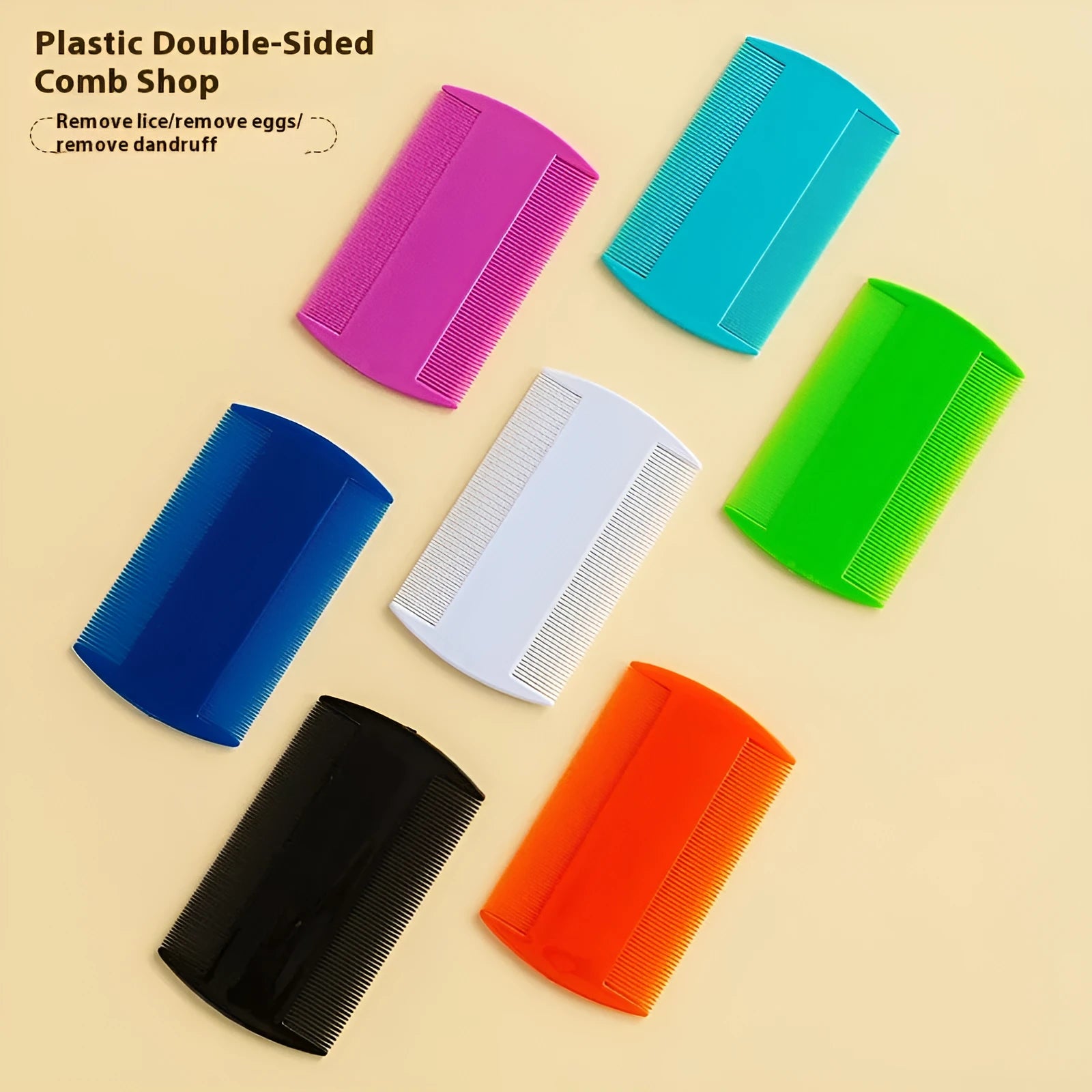 A plastic fine-toothed double-edged flea and lice comb in assorted colours, shown at actual size of 8cm by 7.5cm.
