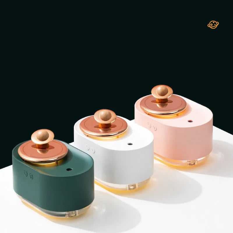 Rotating planet USB car humidifier with night light in green, pink, or white colours