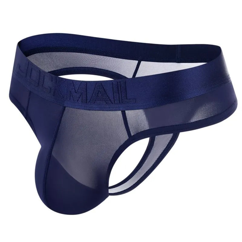 Belt Ice Silk ultra-thin translucent low-waist men's briefs in black with abstract pattern