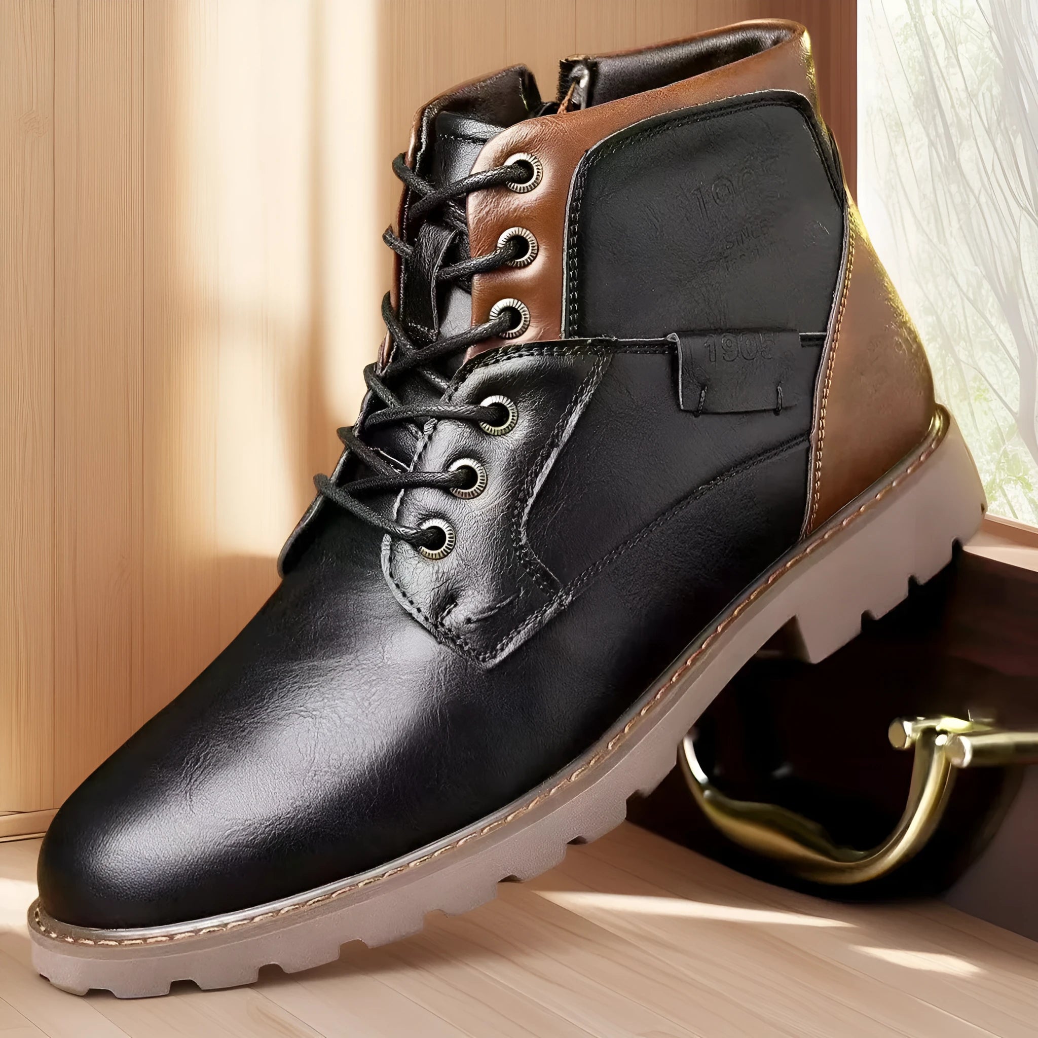 Men's brown ankle boots with side zip fastening and round toe design on rubber sole