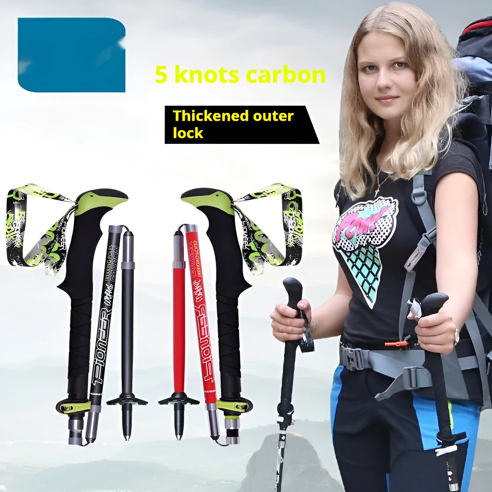 Carbon fibre folding climbing cane with tungsten steel tip in matte black colour, shown in extended and folded positions