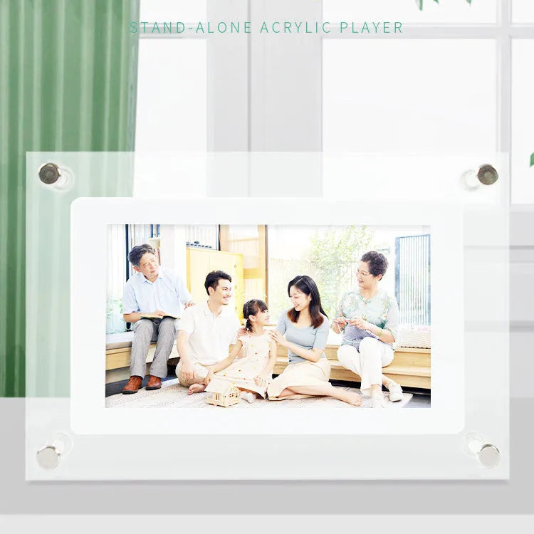 White acrylic digital picture frame with 5 inch vertical screen on a table