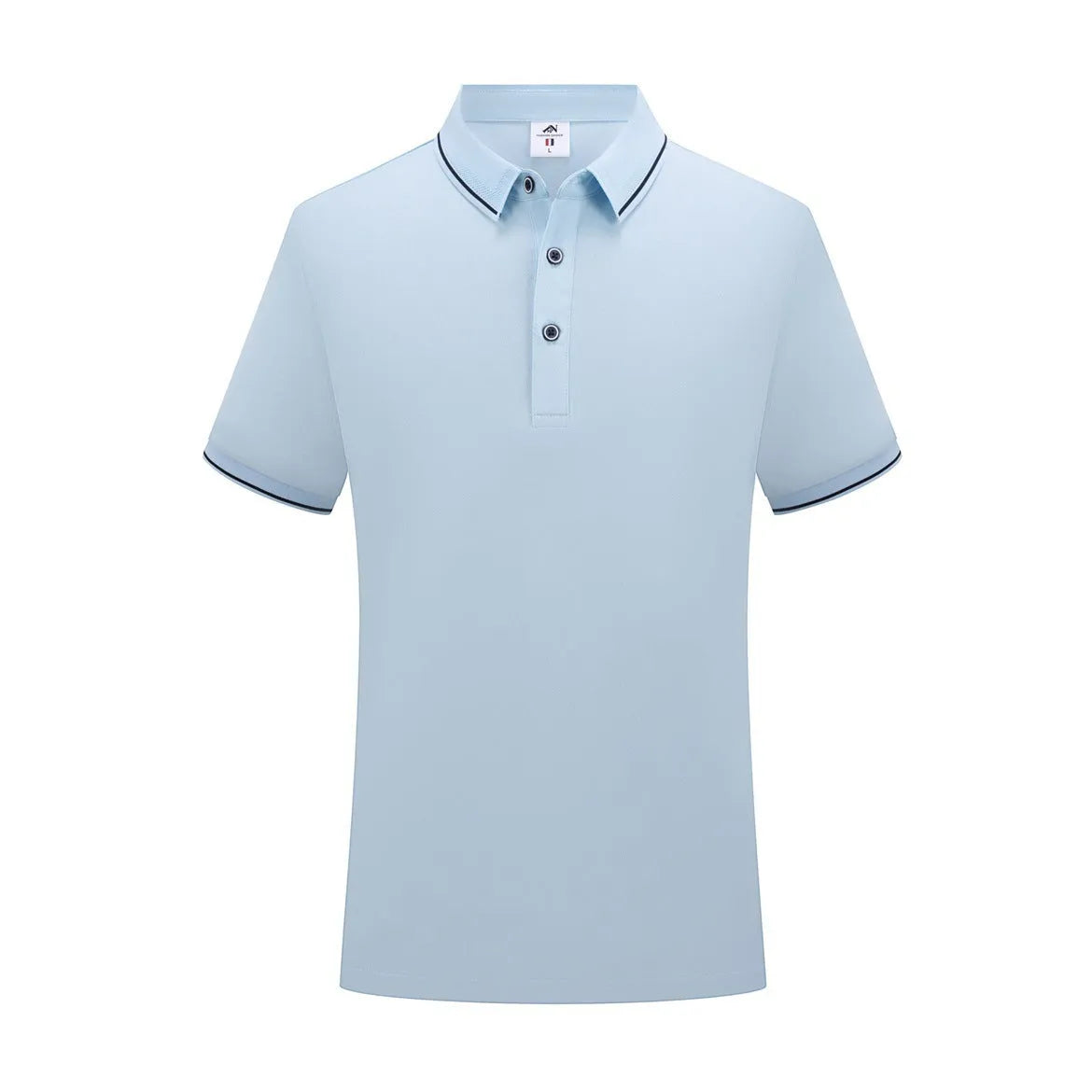 Beautician wearing a short-sleeved asymmetric polo shirt in light blue, showcasing the collar and Cool Silk Cotton fabric.