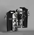 Black loose fit T-shirt with 3D digital printing design, short sleeve casual top