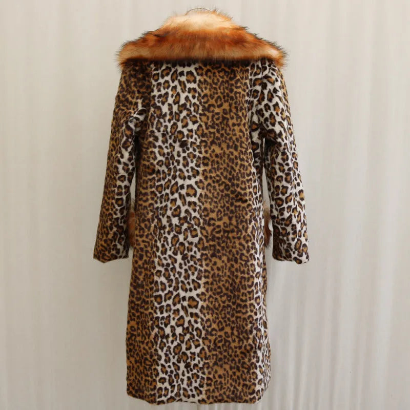 Women's long leopard print artificial fur jacket on a hanger.