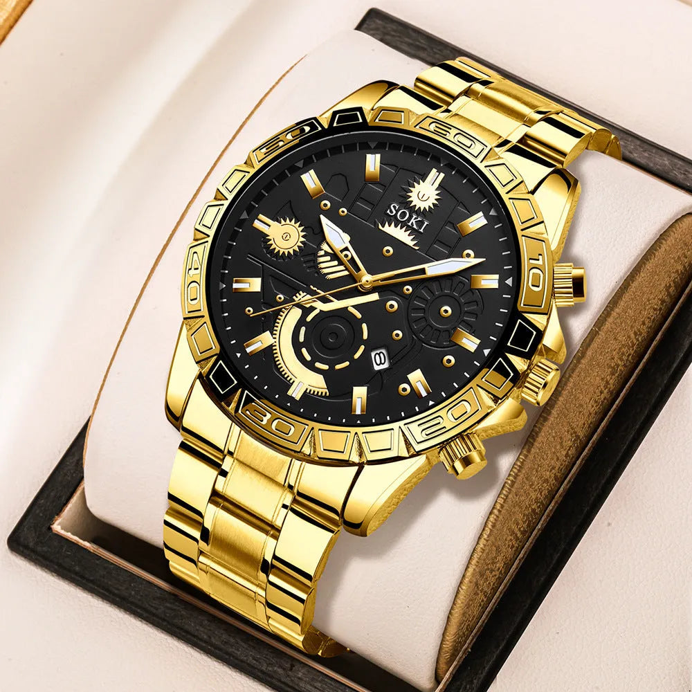 Men's gold-coloured business watch with stainless steel bracelet and calendar display on dial.
