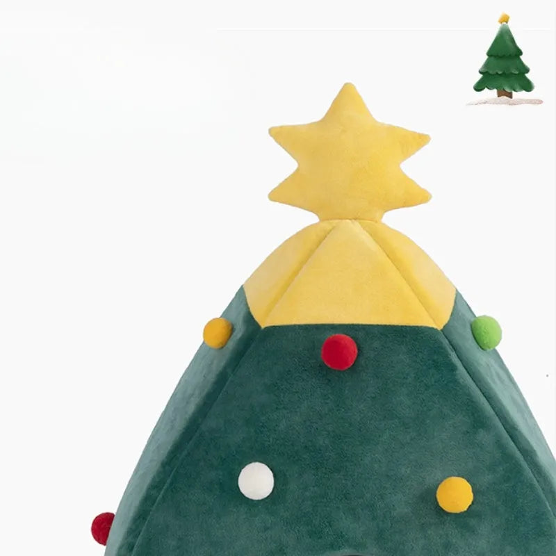 Christmas tree-shaped plush cave bed for cats and dogs, shown in three sizes with detachable design.