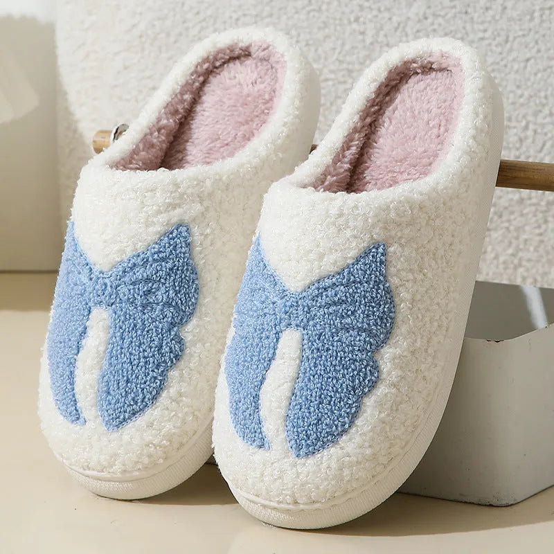 Cartoon bow knot cotton slippers with suede upper and TPR sole in pink or blue colour options