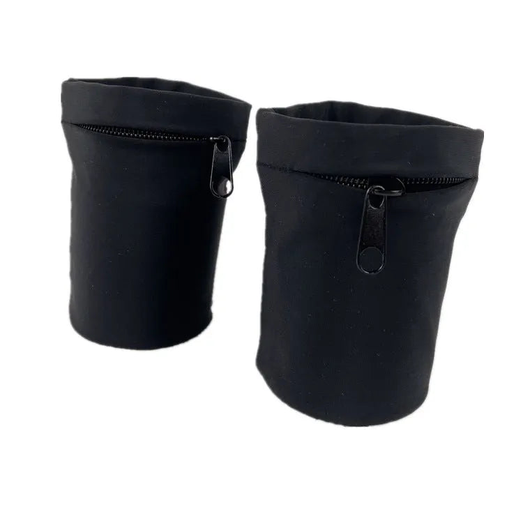 Adjustable wrist armband with a phone compartment, shown for camping and fitness use.