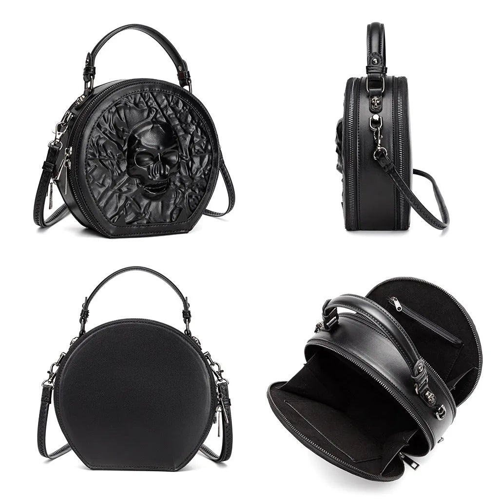 Black embossed Halloween messenger bag with three-dimensional front pocket and crossbody strap
