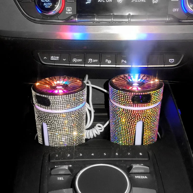 Diamond design car humidifier with LED lights showing colourful mist emission