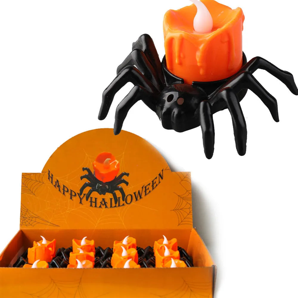 Halloween spider candlestick ornament with plastic construction and battery-powered lighting