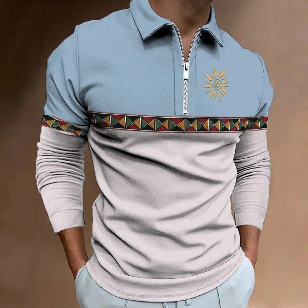 Men's retro striped polo shirt with zip decoration in loose fit for golf