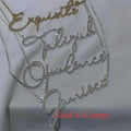 Stainless steel name necklace with diamond-coated English letters on a chain in silver, gold, or rose gold.