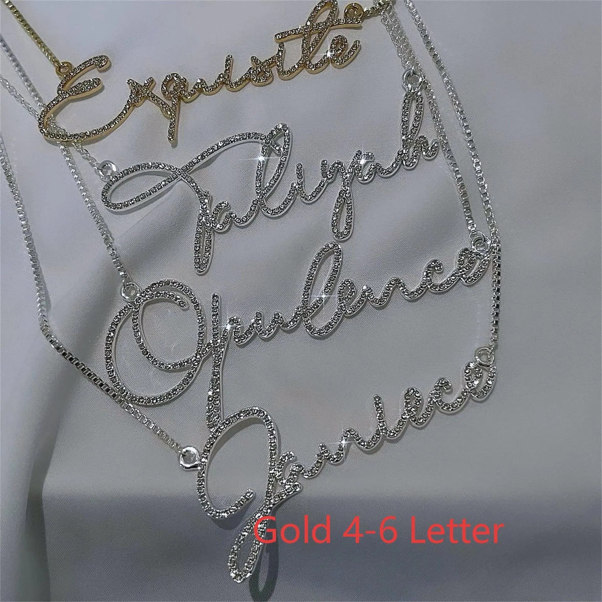 Stainless steel name necklace with diamond-coated English letters on a chain in silver, gold, or rose gold.