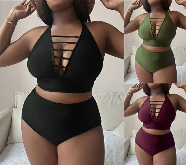 Plus size woman in a solid colour halter neck bikini with adjustable cross-back straps and high-waisted briefs.