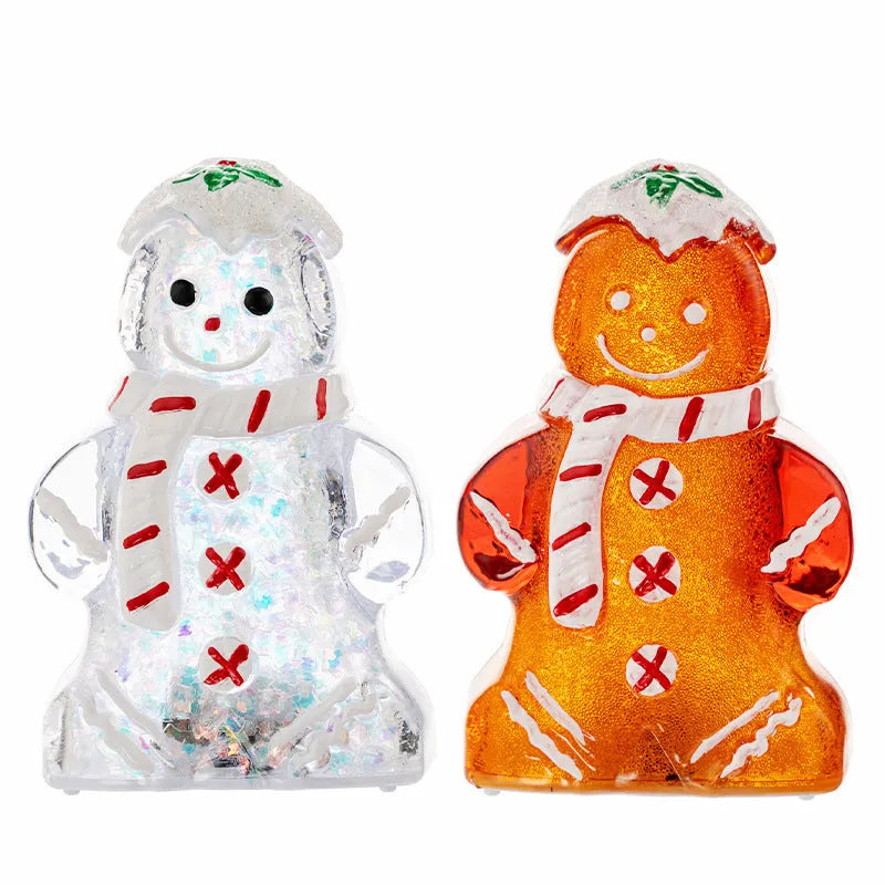 Glowing Christmas gingerbread man snowman ornament with a scarf in red, white, clear, or transparent red.