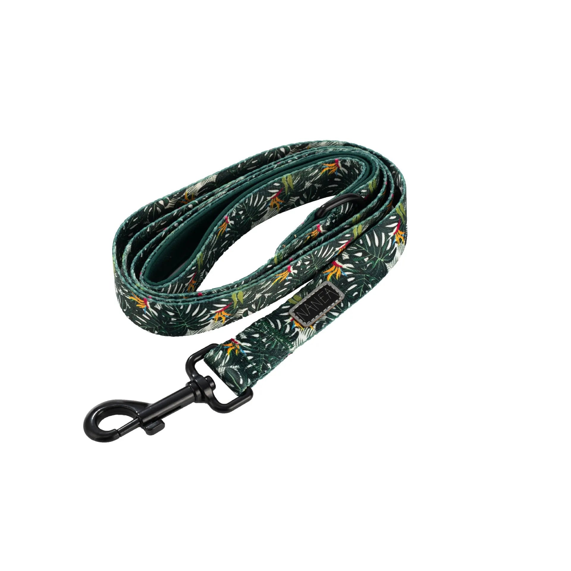 Six-piece adjustable cloth dog harness set with lead, collar, waste bag, bow, and scarf.