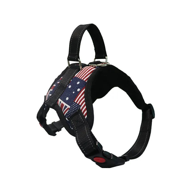 Explosion-proof polyester dog chest strap in army green camouflage on a medium dog