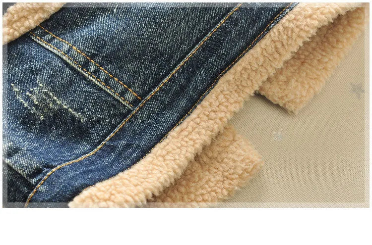 Children's baby thickened Korean style fur collar denim jacket in denim colour with square collar
