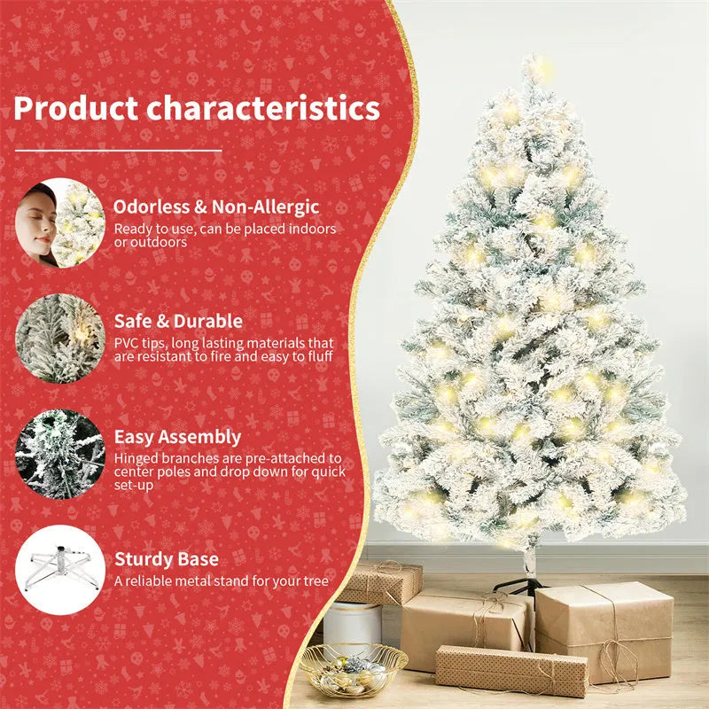 Green and white PVC artificial snow Christmas tree with metal stand, shown at 180cm and 230cm heights.