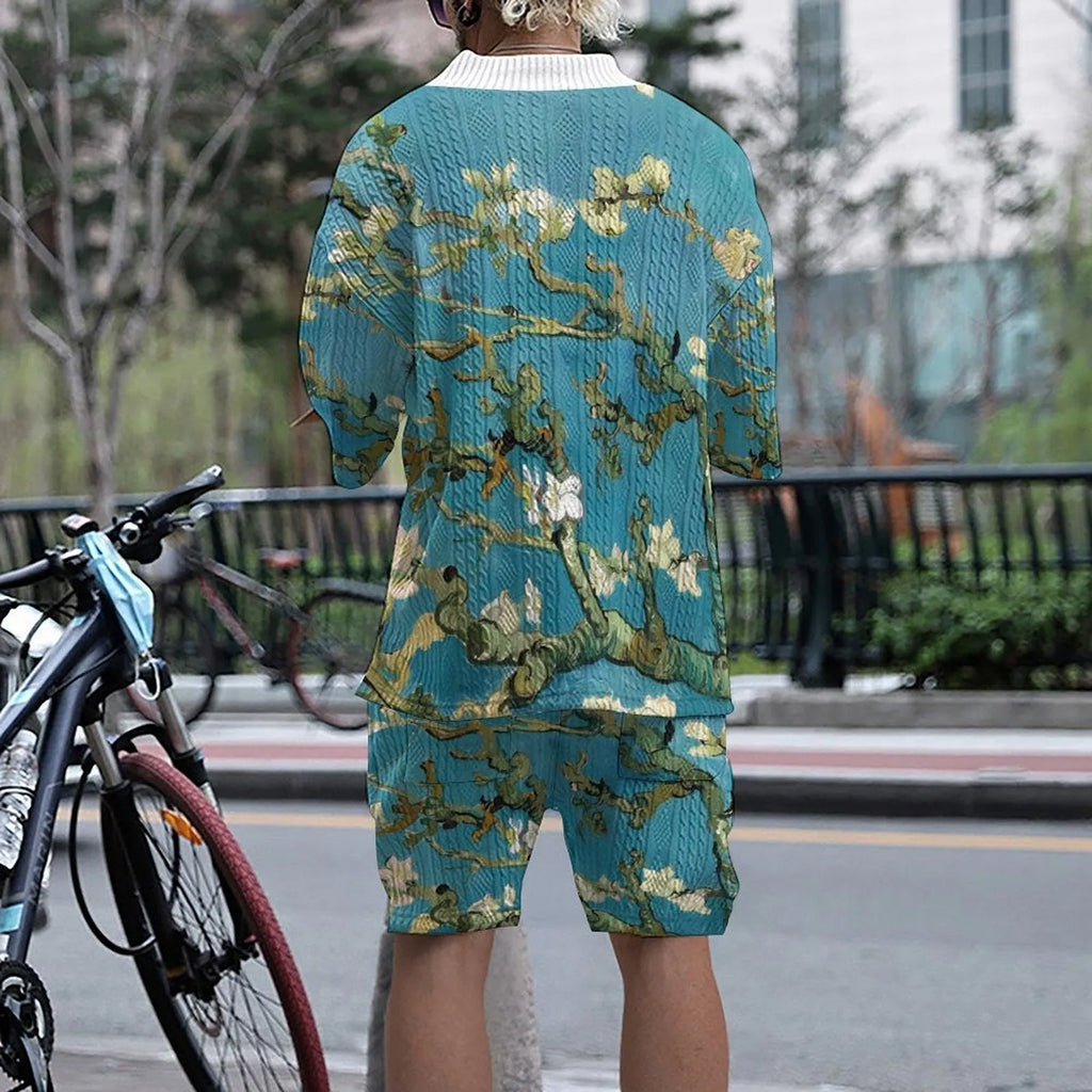 Men's peacock blue casual shorts suit with 3D printed knitted pattern on the trousers.