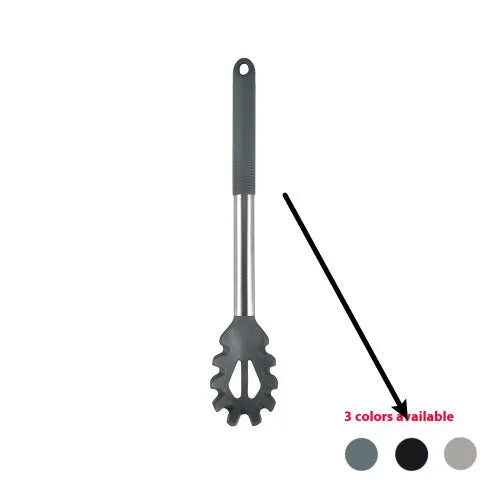 12-piece silicone kitchen utensil set in rotating storage bucket, showing spatula, ladle, and other tools.
