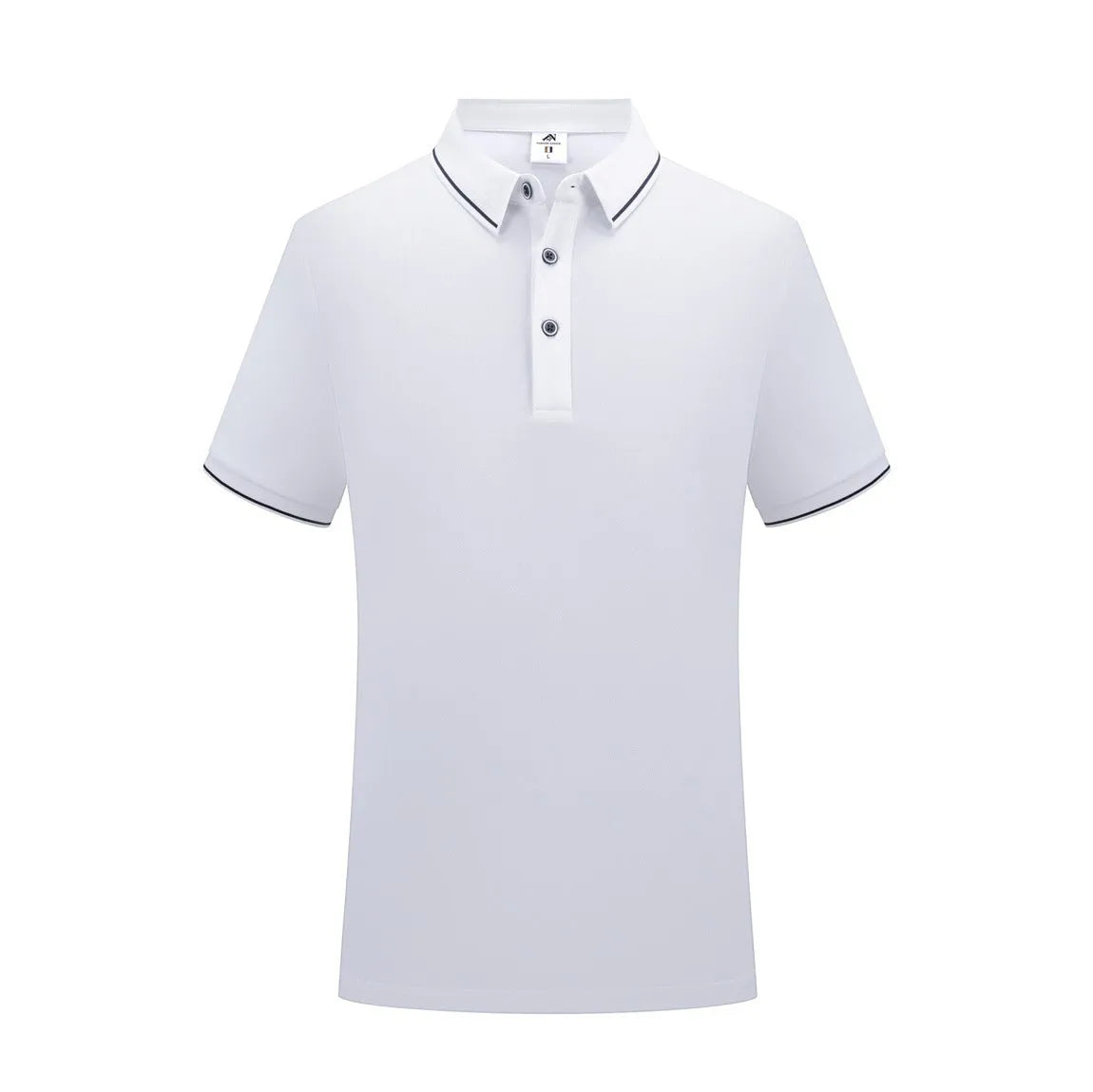Beautician wearing a short-sleeved asymmetric polo shirt in light blue, showcasing the collar and Cool Silk Cotton fabric.