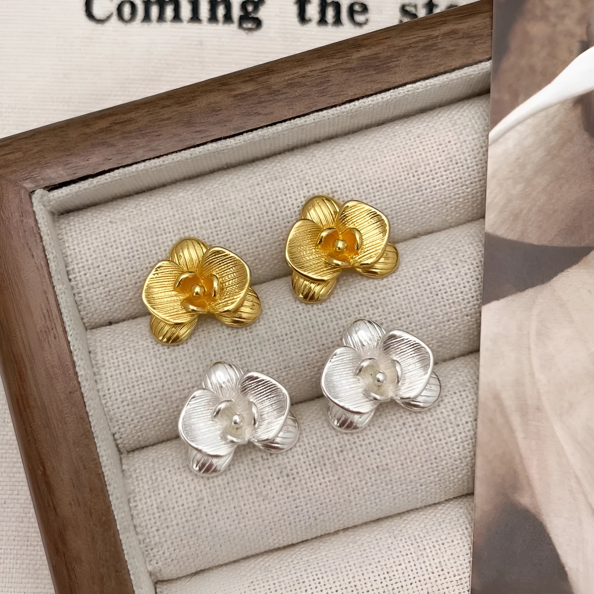 Retro flower earrings with petal design in gold and silver electroplated finishes