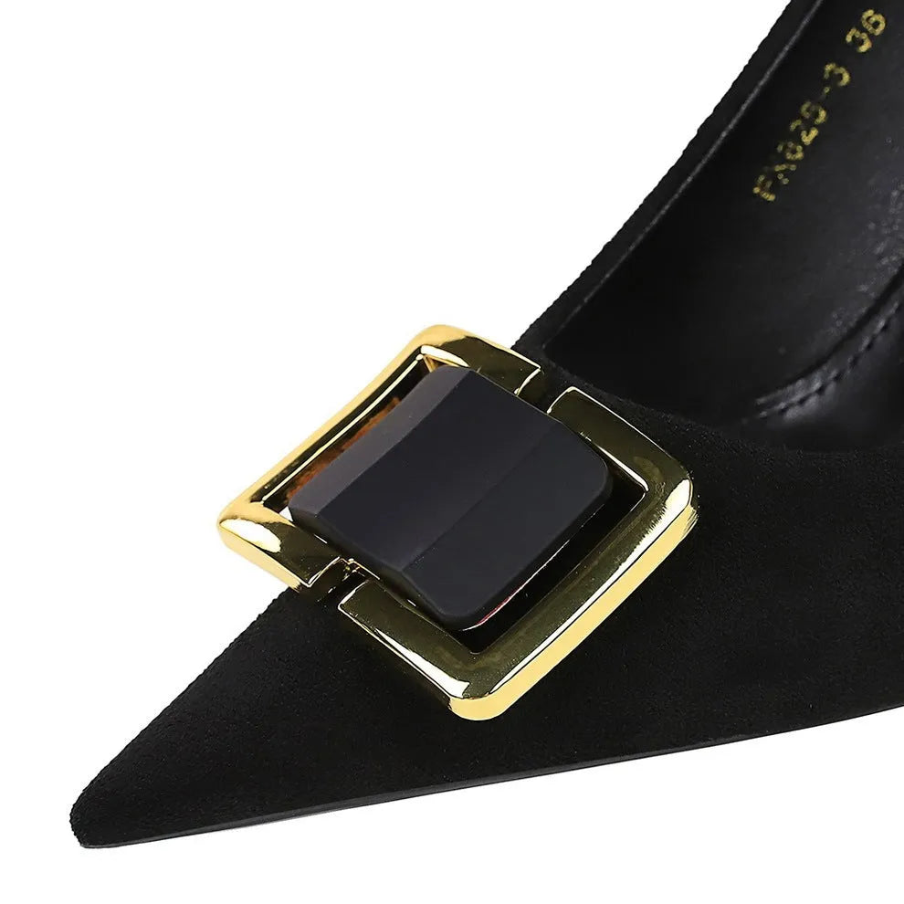 Black suede women's stiletto heels with a 9cm high heel and open toe design.
