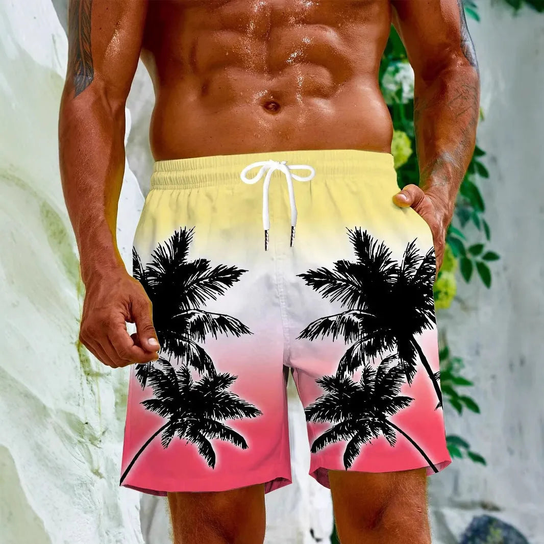 Man's 3D printed quick-dry swimming trunks in a summer design colour, showing micro-elastic polyester fabric.
