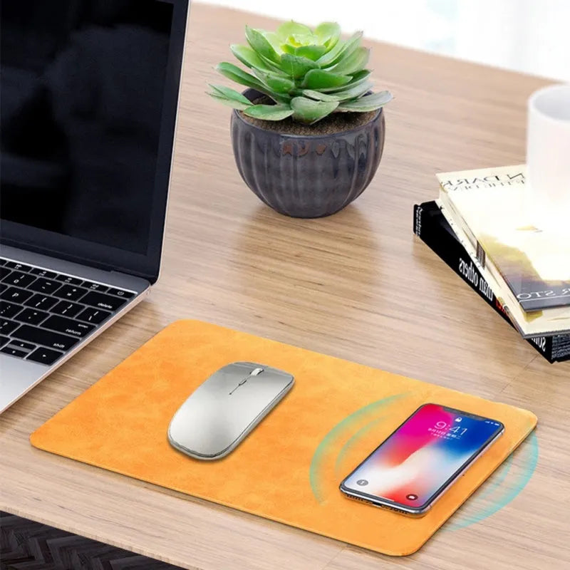 Brown leather-texture wireless charging mouse pad with a Micro USB cable for Qi device charging.