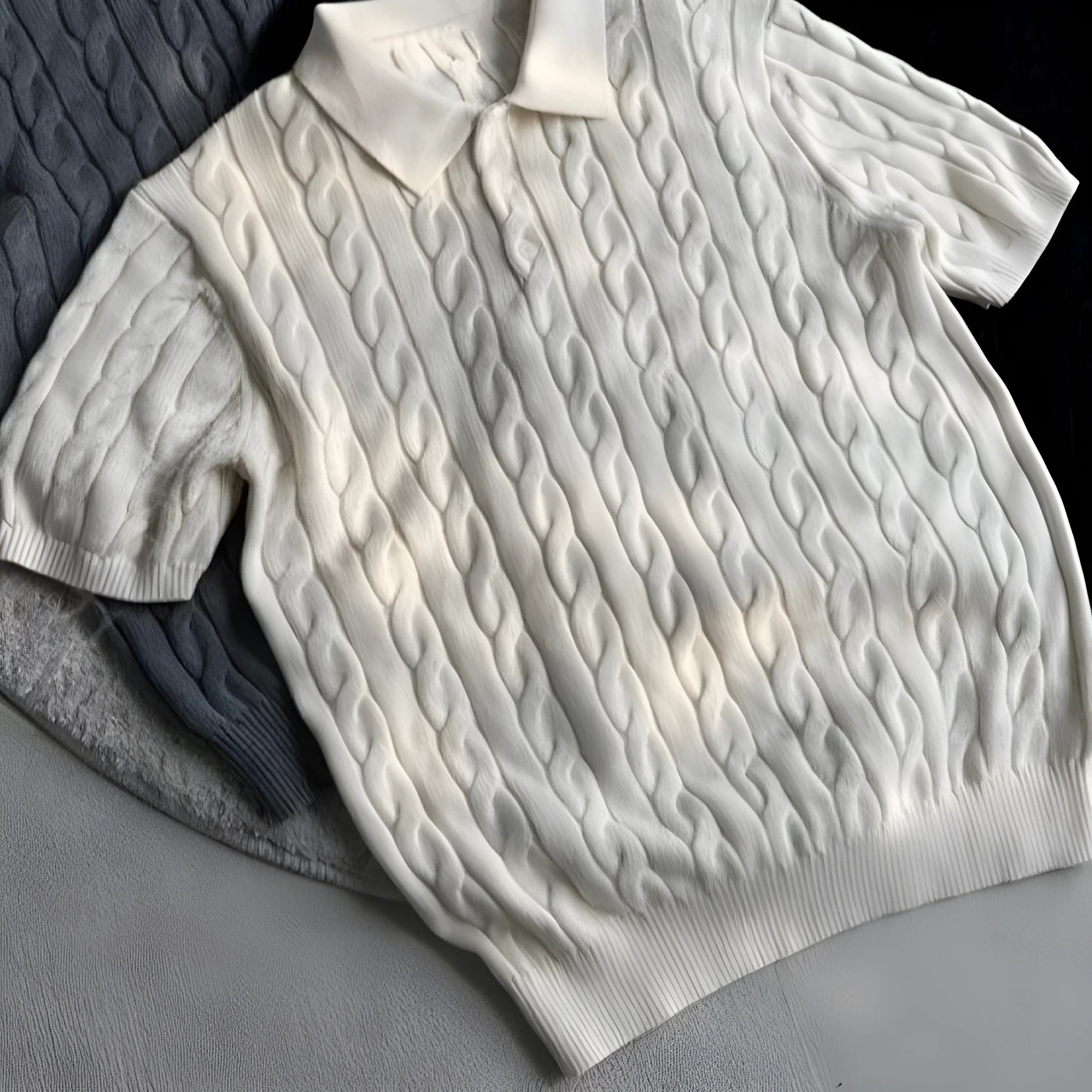 Man's grey twisted knit cotton style short sleeve T-shirt on a hanger