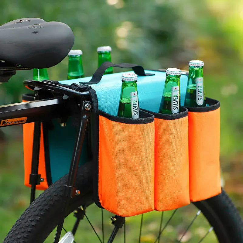 Black and blue orange double-sided bicycle drink holder bag with 2-litre capacity.
