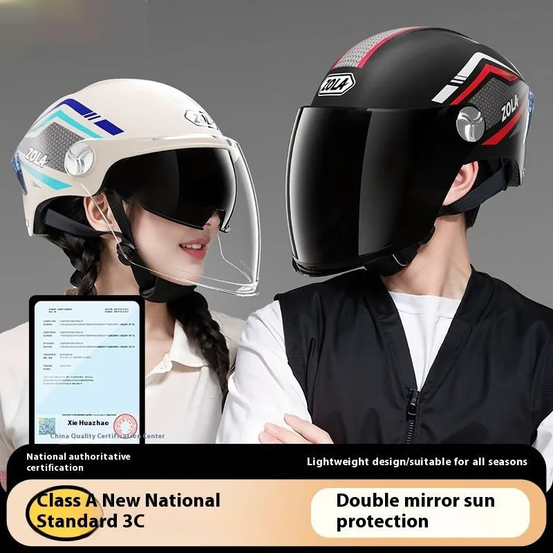 3C certified universal motorcycle half helmet with a double mirror sun visor in light brown colour.