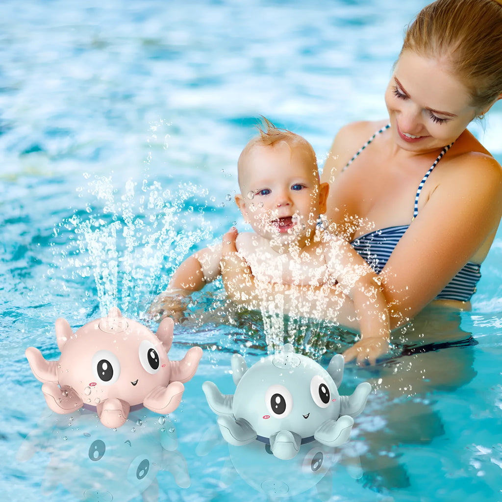 Blue or pink octopus-shaped bath toy that sprays water and flashes lights automatically
