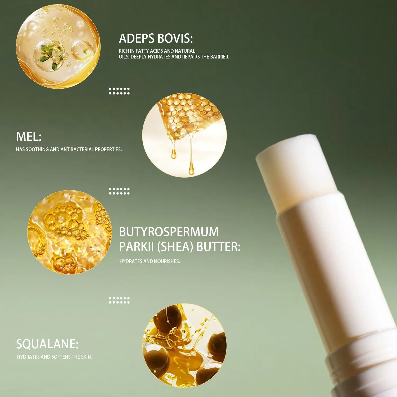 Tallow lip balm stick in a silver metal tin, showing 83mm length and 19mm square shape.