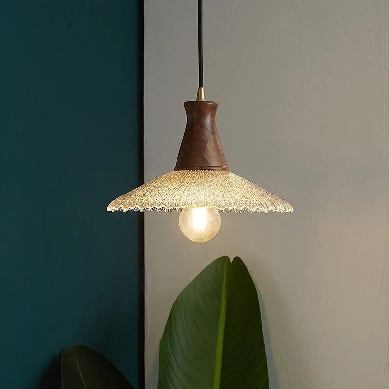 Retro brass and glass chandelier with solid wood body in three size options