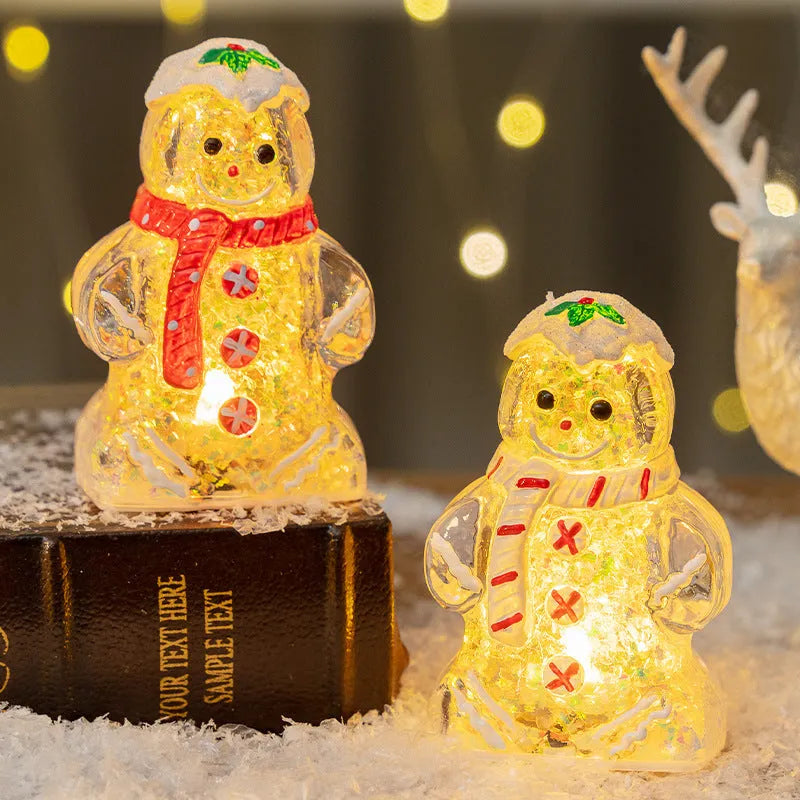 Glowing Christmas gingerbread man snowman ornament with a scarf in red, white, clear, or transparent red.