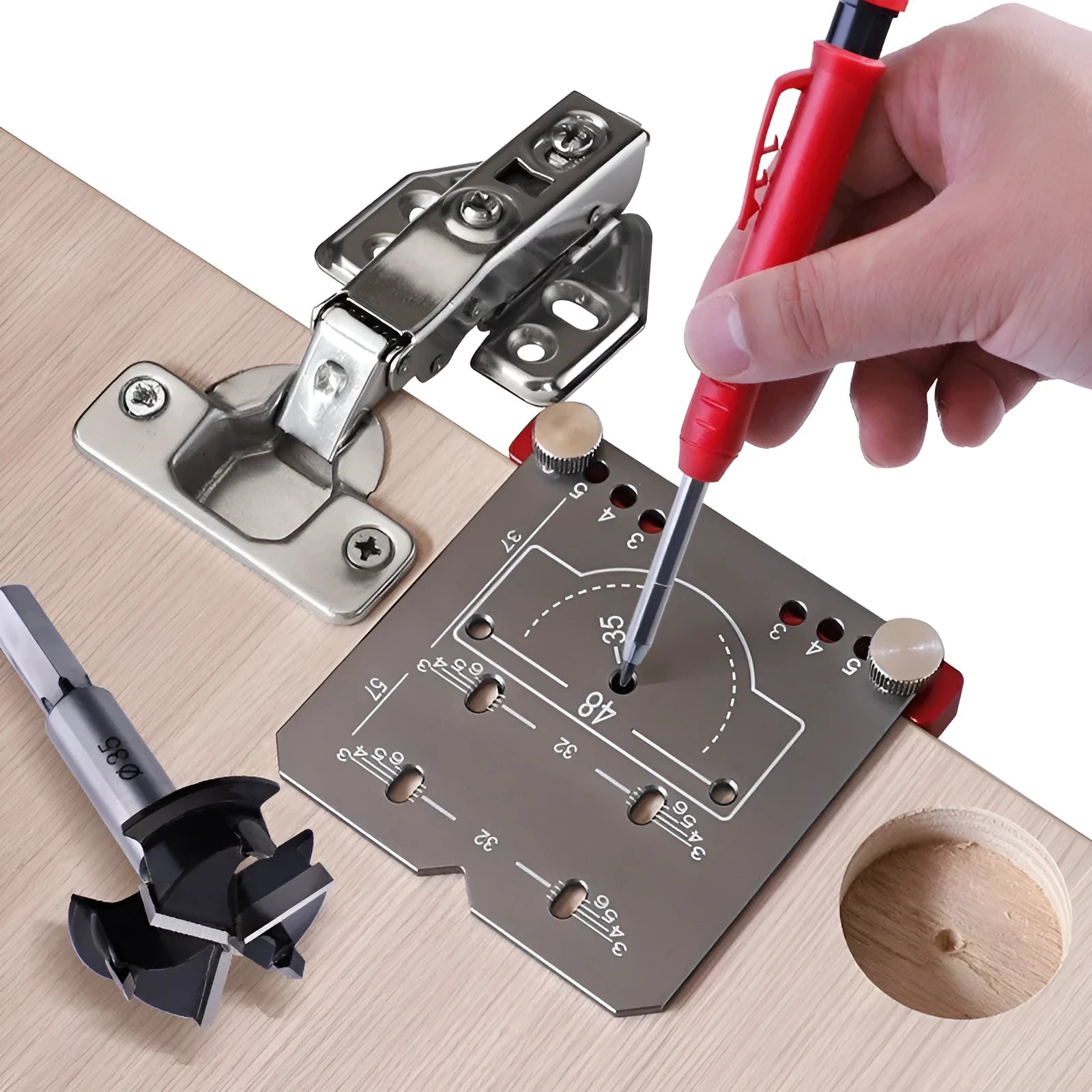 Red aluminium alloy hinge locator tool for 35mm cabinet hinges with adjustable margin settings