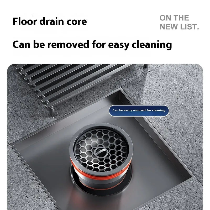 Gun grey 15cm square 304 stainless steel courtyard deodorant floor drain with visible ABS plastic core