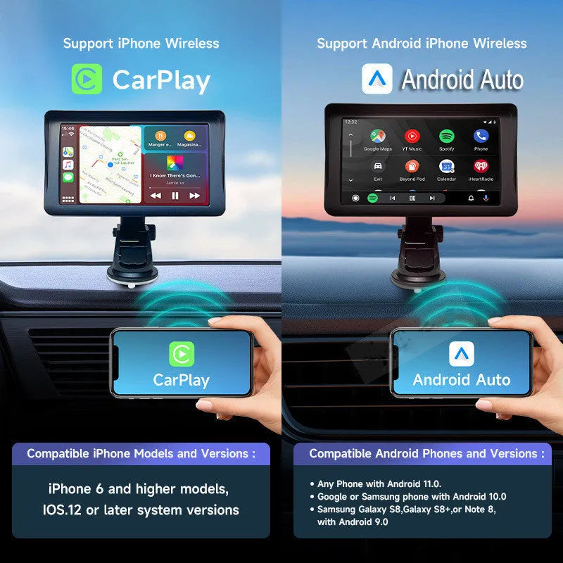 7 inch portable car smart display with retractable bracket showing CarPlay interface on IPS screen