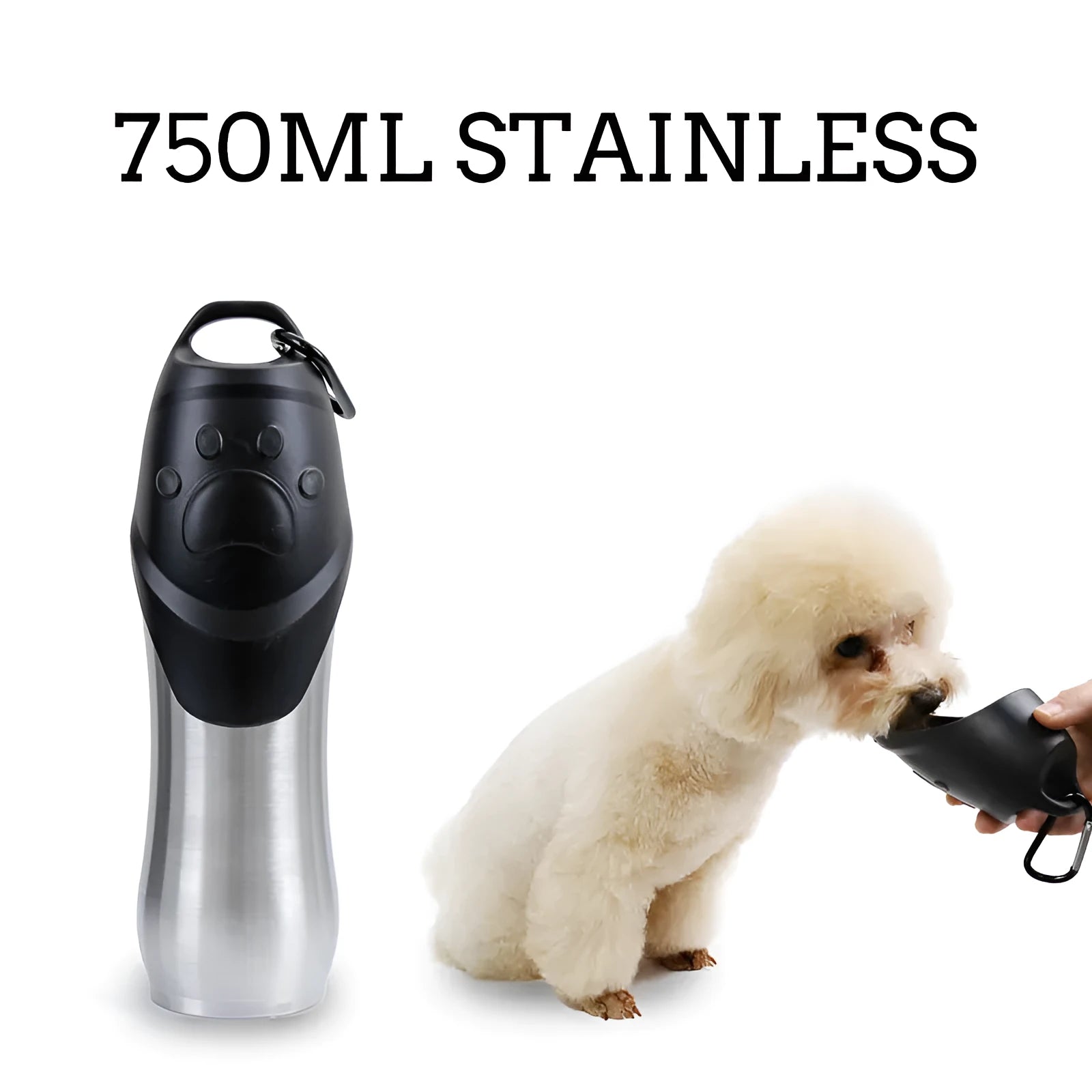 Stainless steel pet water bottle in 750ml size, natural steel finish, portable for dogs and cats